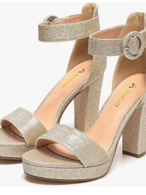 NWT AMOJI Gold Glitter Chunky Platform Block Heel Sandals Size 9
